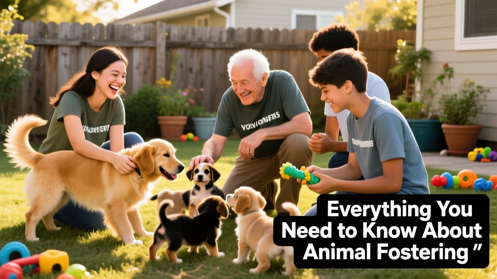 A diverse group of volunteers playing with playful puppies in a backyard, showing gentle interaction and joyful connection