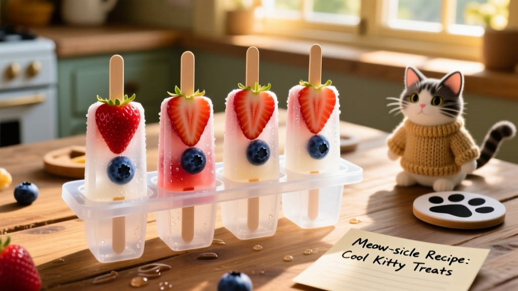 Four colorful berry popsicles in a silicone mold, with a strawberry half and blueberry visible inside each
