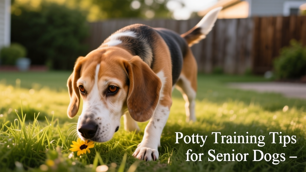 Close-up of a senior beagle sniffing a grassy patch outdoors, tail gently wagging