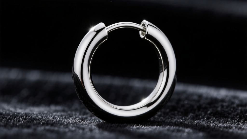 Macro shot of a 14-gauge surgical steel continuous hoop earring showing the seamless closure mechanism against dark velvet