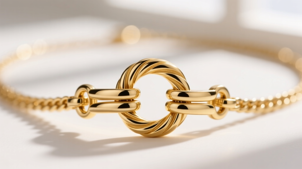 Macro view of 14k gold layered necklace clasp featuring a specialized anti-tangle sliding ring connector and secure lobster clasps