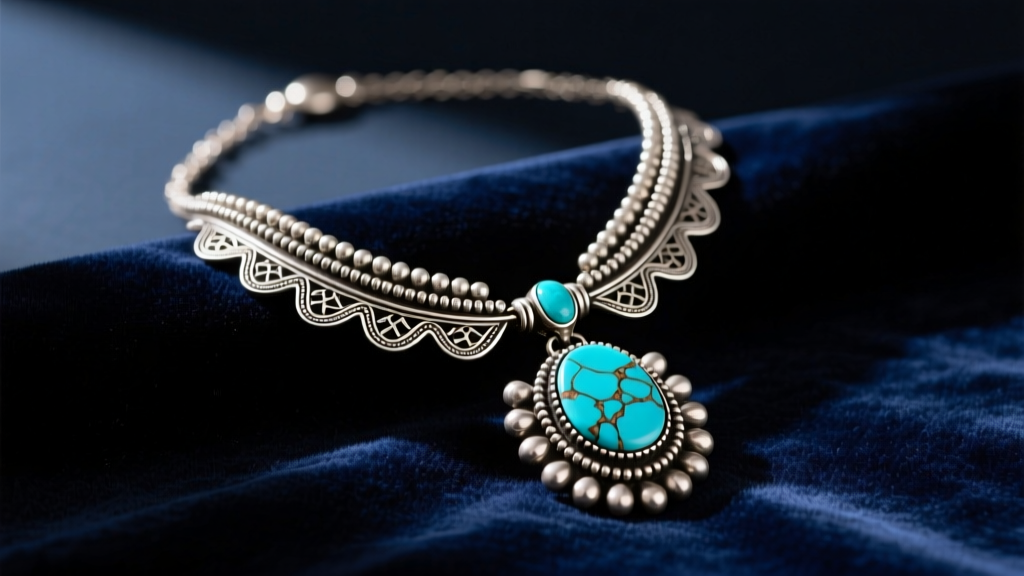 Vintage Navajo silver squash blossom necklace with turquoise Naja pendant resting on dark navy velvet under warm gallery lighting