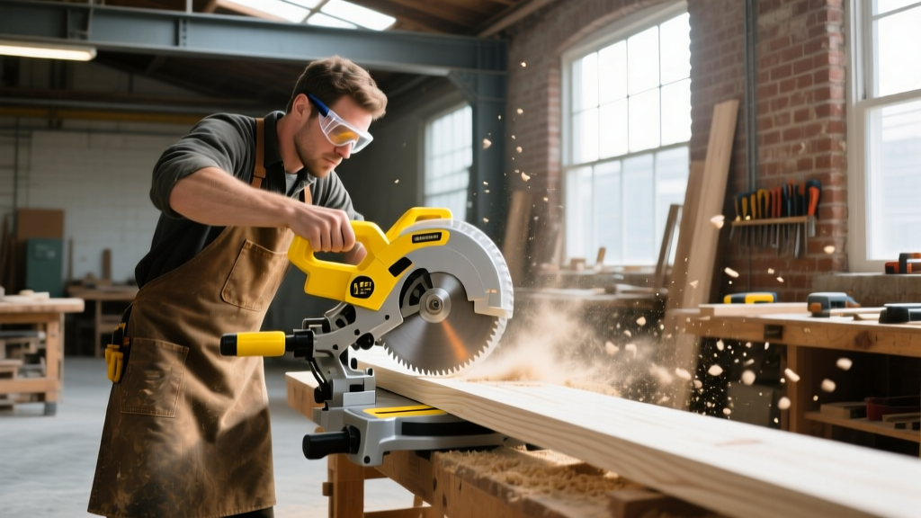 Carpenter using a yellow 12-inch sliding compound miter saw to cut a thick piece of white oak framing lumber in a dusty workshop