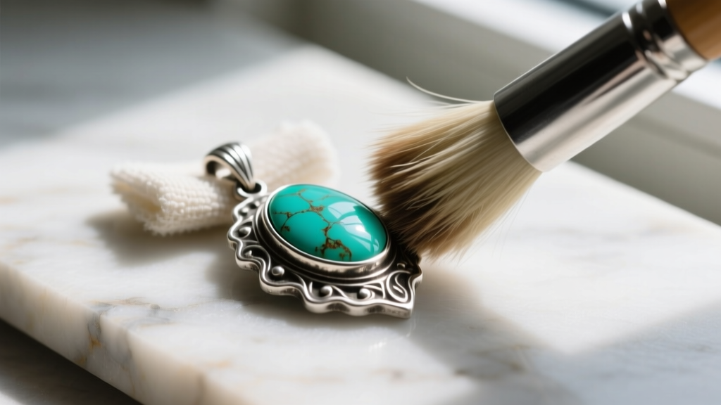 Soft horsehair brush and microfiber cloth gently cleaning an oxidized silver pendant featuring a polished turquoise cabochon stone.