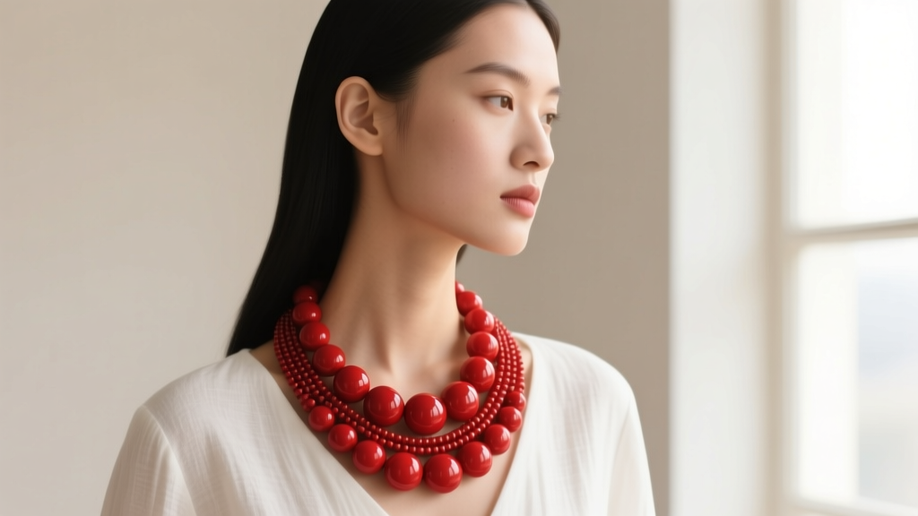 Side profile of a model wearing a graduated chunky red bead necklace, showing the drape of 20mm center beads against a linen top.
