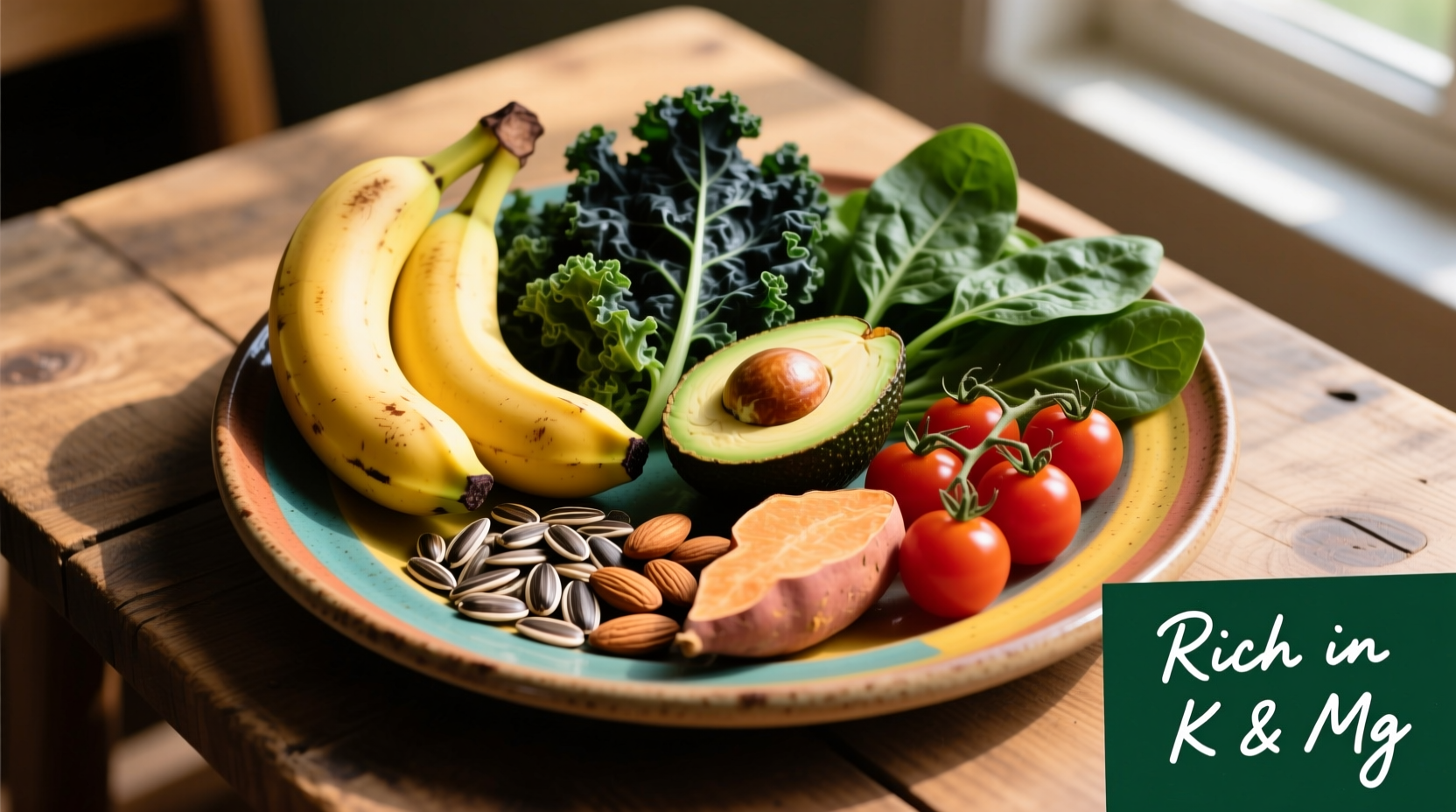 Colorful plate of potassium and magnesium rich foods