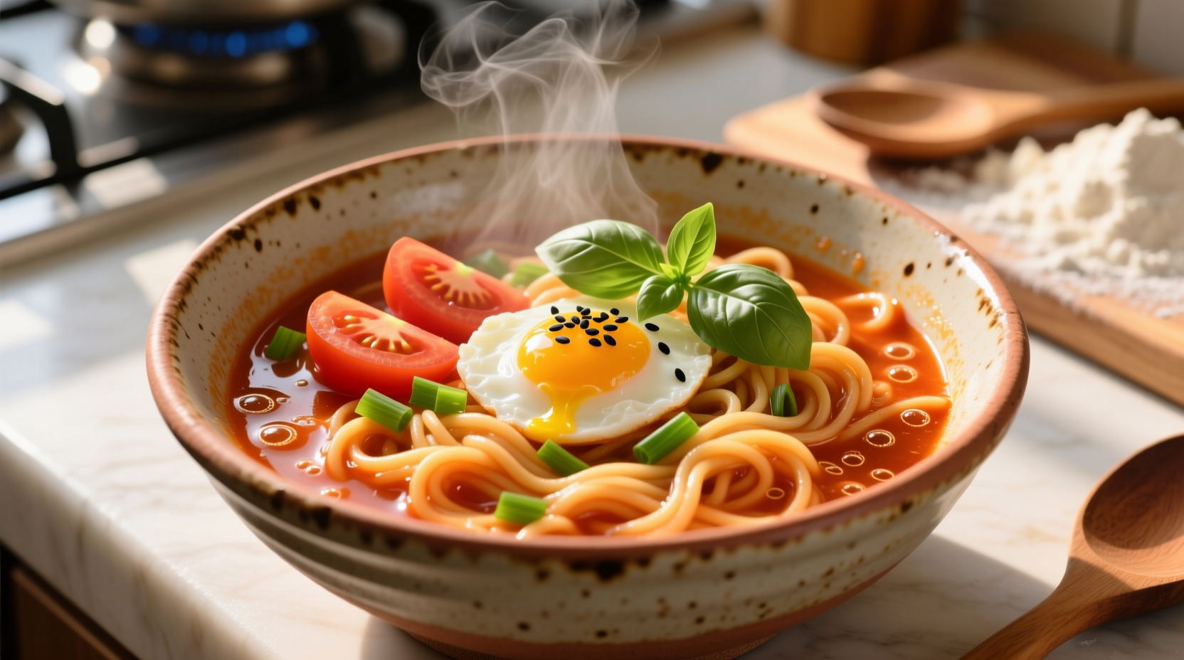 Homemade tomato ramen noodles in ceramic bowl