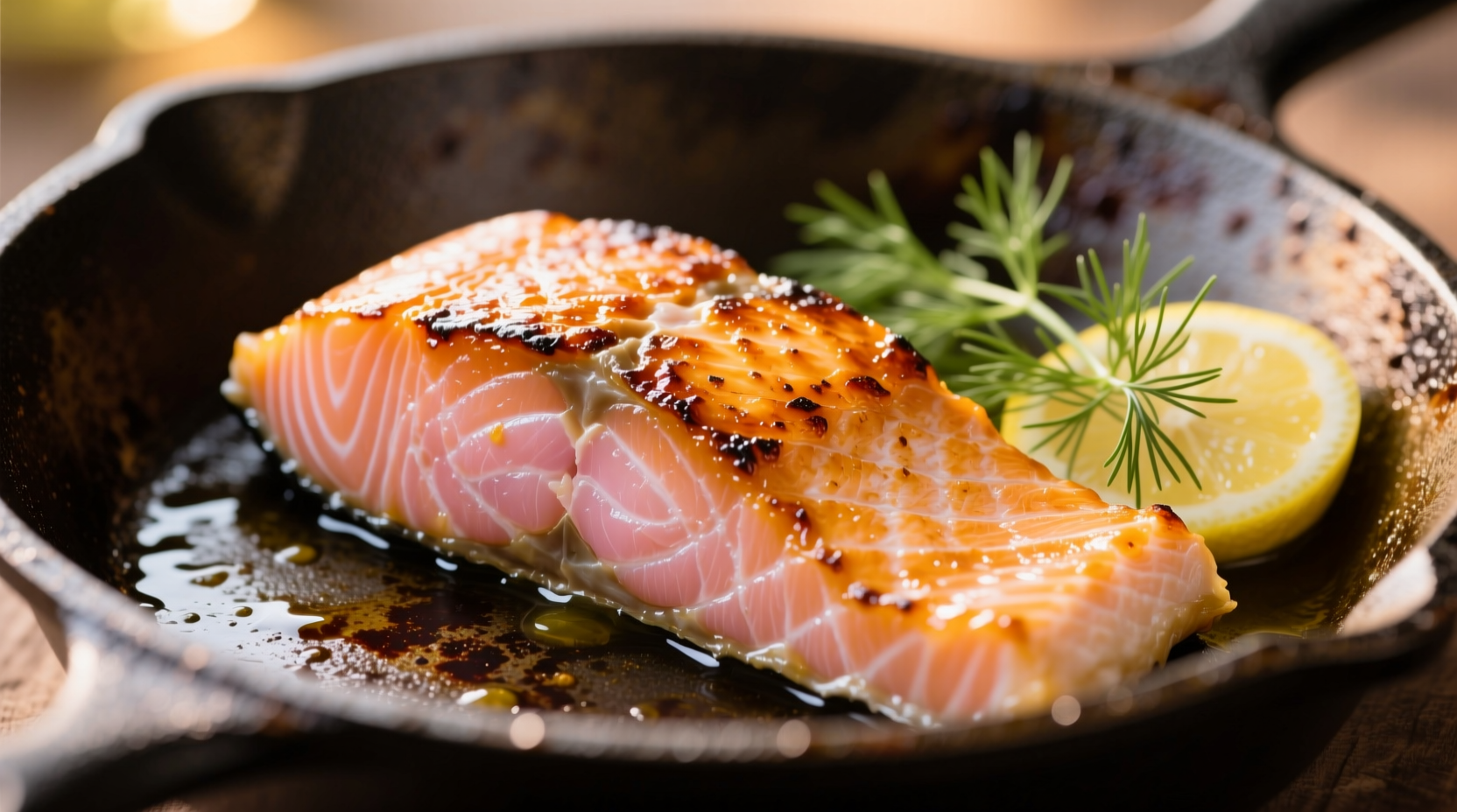Perfectly cooked salmon fillet with crispy skin in skillet