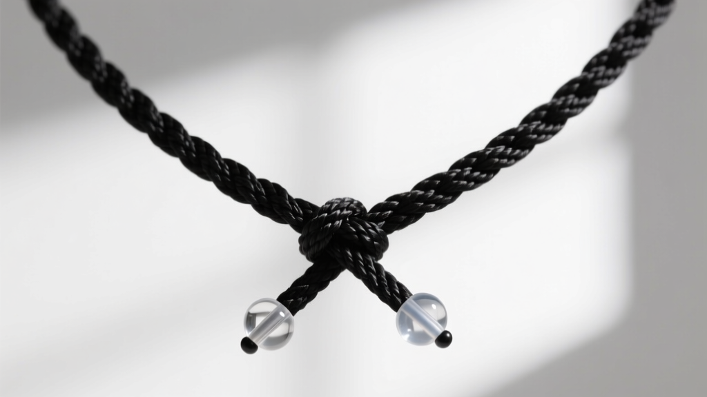 Front view of a black waxed cotton criss-cross X necklace with clear silicone stopper beads securing the adjustable sliding knot