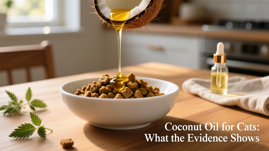 A small amount of golden coconut oil being drizzled over a bowl of high-quality cat food
