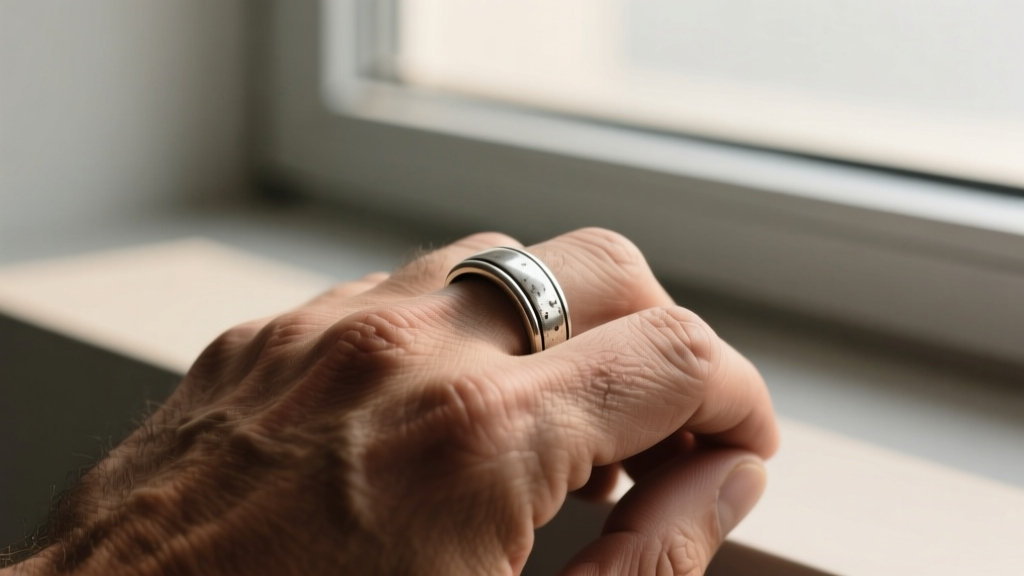Masculine hand holding a tarnished sterling silver men