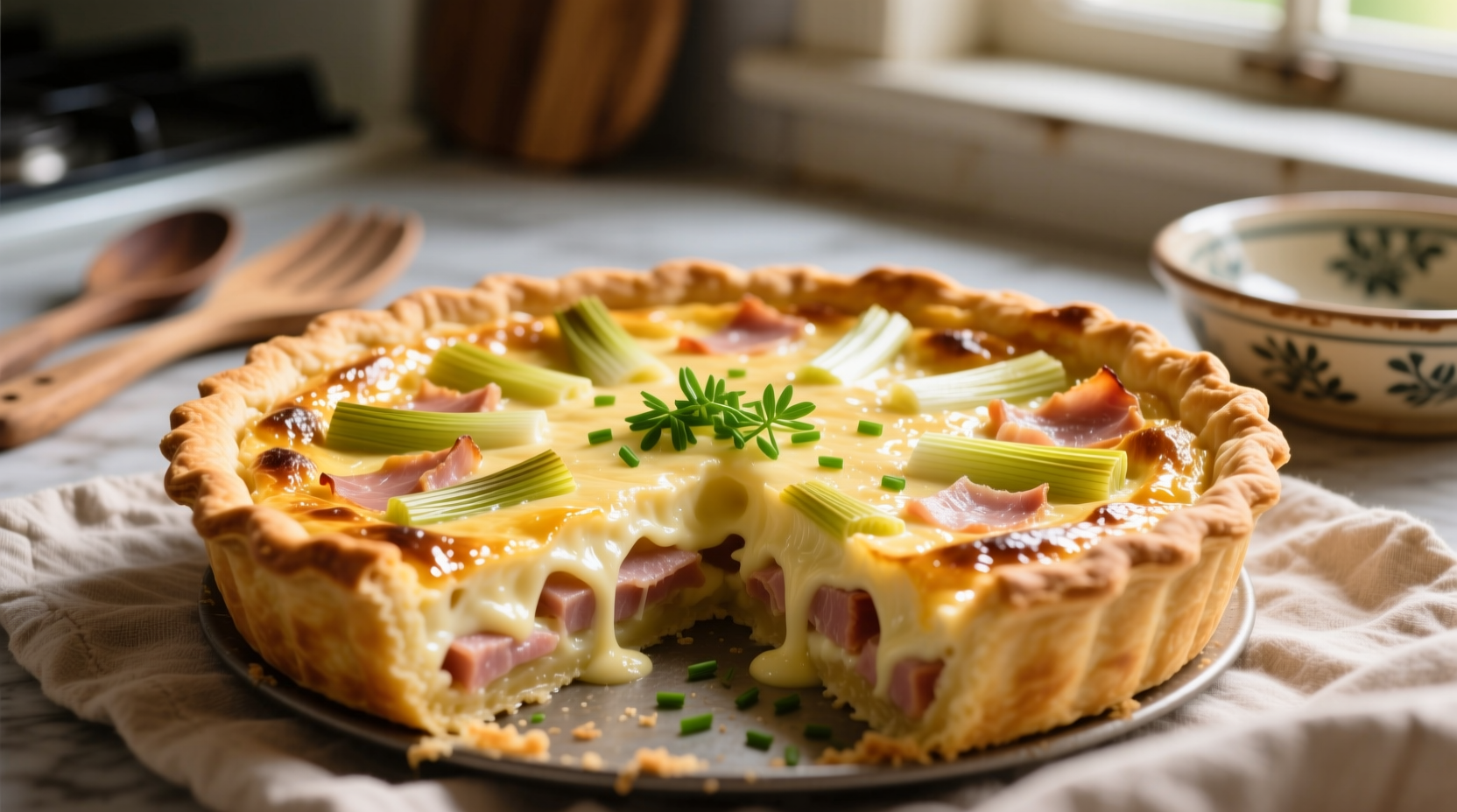 Perfectly golden quiche fresh from oven