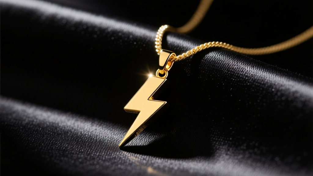 Close-up of a 14k yellow gold lightning bolt pendant on a cable chain, resting on black silk fabric with moody directional lighting