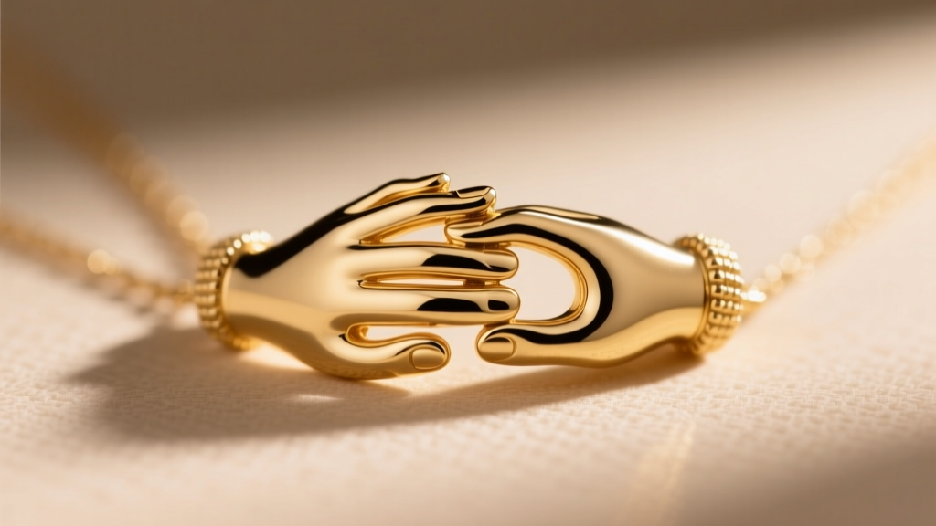 Macro shot of 14k gold interlocking hands pendant, showing smooth rounded fingertips designed to prevent snagging on delicate knitwear