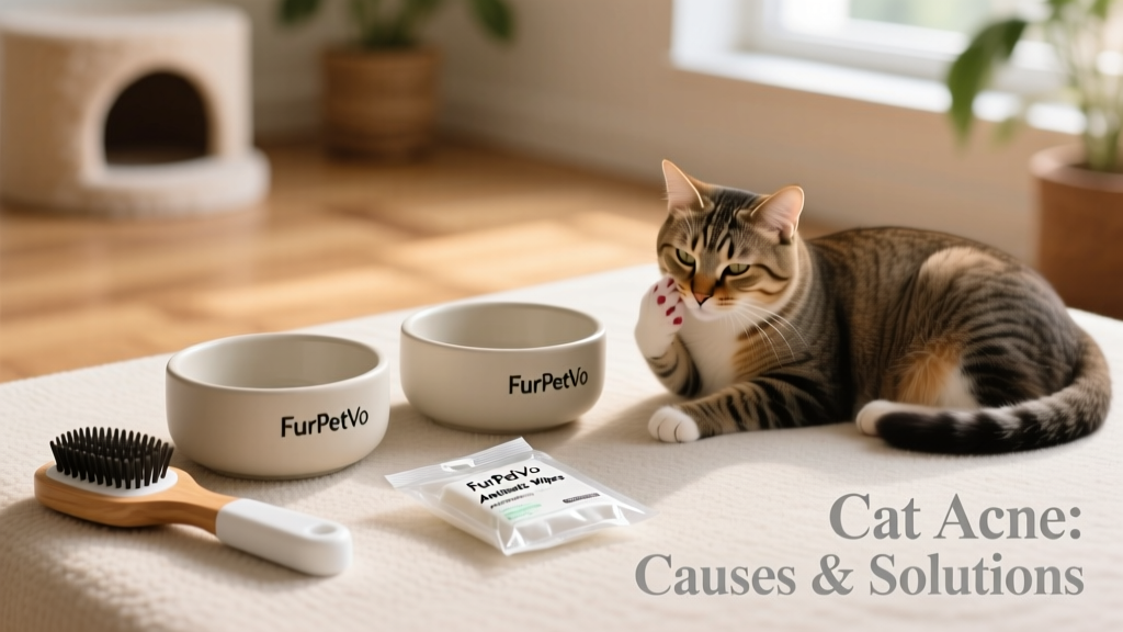 Two ceramic FurPetVo bowls on a clean surface next to a cat brushing kit and antiseptic wipes