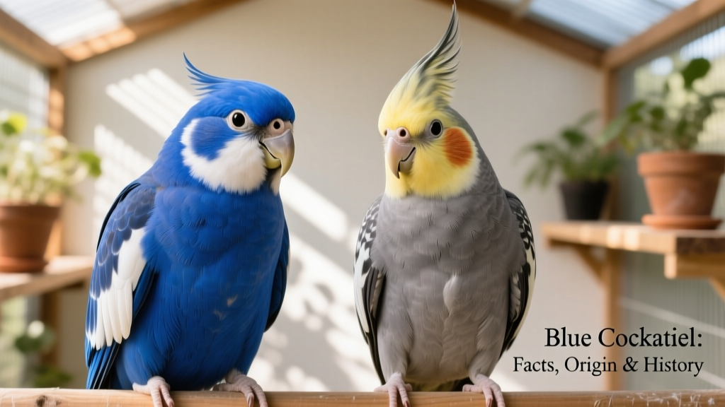 Side-by-side comparison showing a blue cockatiel next to a standard gray cockatiel, highlighting differences in face color and feather tone