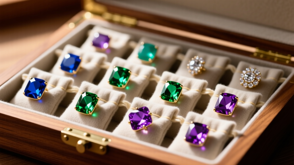 Colorful resin and gemstone studs neatly organized in individual anti-tarnish flannel pouches inside a lined wooden jewelry box