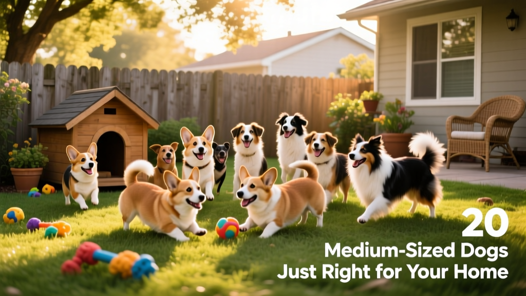 A diverse group of healthy, happy medium-sized dogs playing together in a sunlit backyard