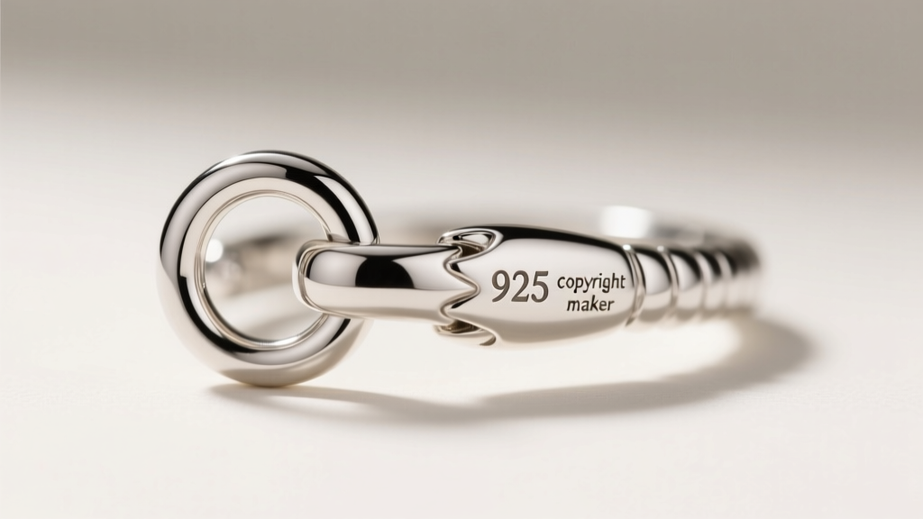 Extreme close-up of a 925 silver lobster clasp, highlighting the laser-engraved copyright hallmark and maker mark on the jump ring