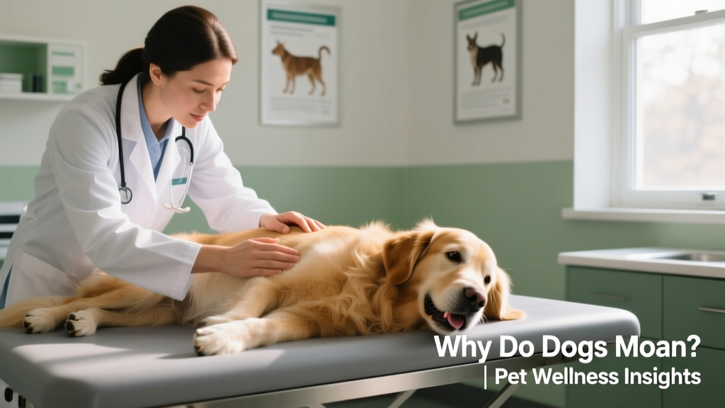 A veterinarian gently palpating a dog's abdomen during a wellness exam, with the dog calm but attentive