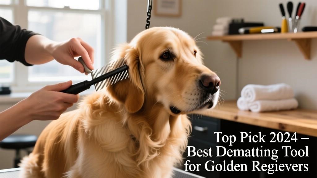 Close-up of a groomer gently using a dematting comb on a fluffy golden retriever's shoulder