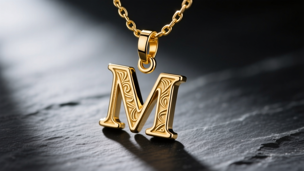 Macro shot of a gold vermeil letter M pendant attached to a 2.5mm paperclip chain on dark slate, highlighting the metal texture.
