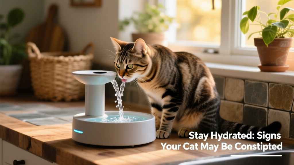 Cat drinking from a pet fountain with clear water flowing, highlighting hydration support