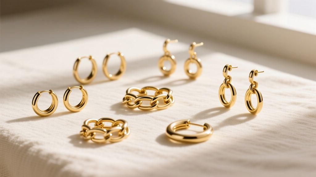 Flat lay of gold link earring styles including huggies and dangles, arranged on cream linen with soft natural window light