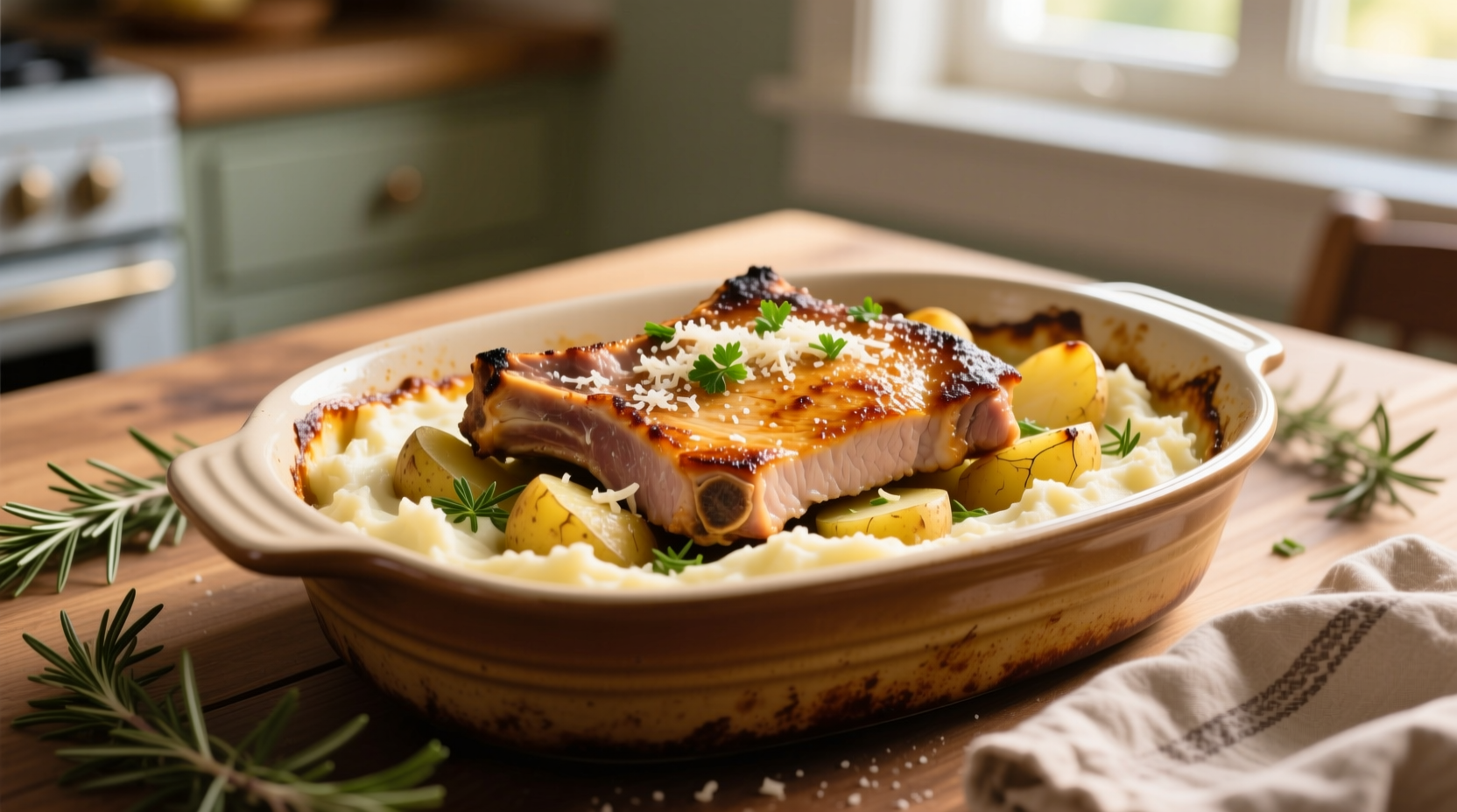 Golden pork chops layered with creamy potatoes in baking dish