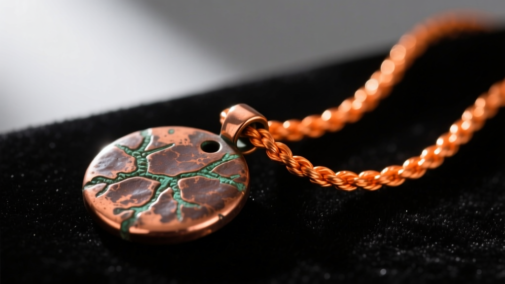 Split macro view of an oxidized copper pendant with dark brown patina beside a highly polished bright orange copper rope chain.