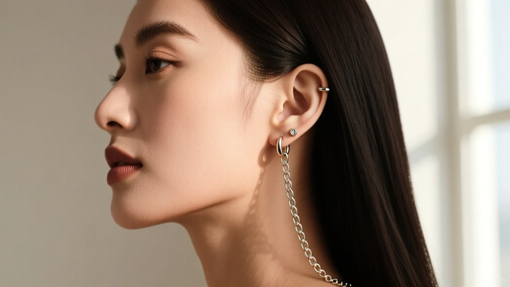 Side profile of a woman wearing chain earrings for double piercings, showing a 1.5-inch rolo chain draping across her lower lobe.