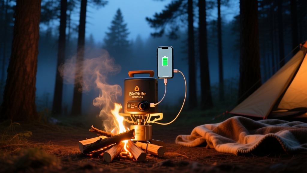 BioLite CampStove 2+ burning wood twigs with a smartphone charging via USB cable in a dimly lit forest campsite setting