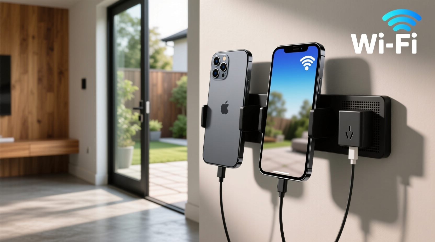 Two smartphones mounted on wall brackets: one facing a front doorway, another angled toward a backyard patio—both connected via micro-USB cables to discreet wall adapters, with visible Wi-Fi icons on their screens