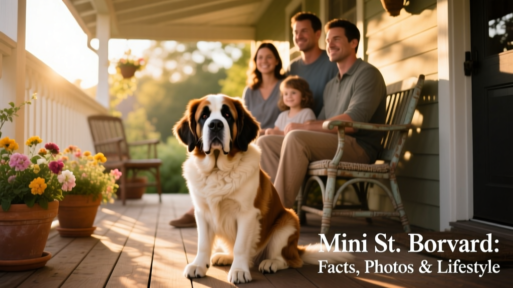 Mini St. Bernard sitting calmly beside a family on a sunlit porch, showcasing its gentle expression and sturdy build