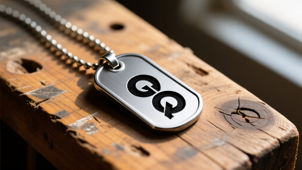 Macro shot of a laser-engraved titanium dog tag pendant with deep black text, resting on a rustic wooden workbench surface.