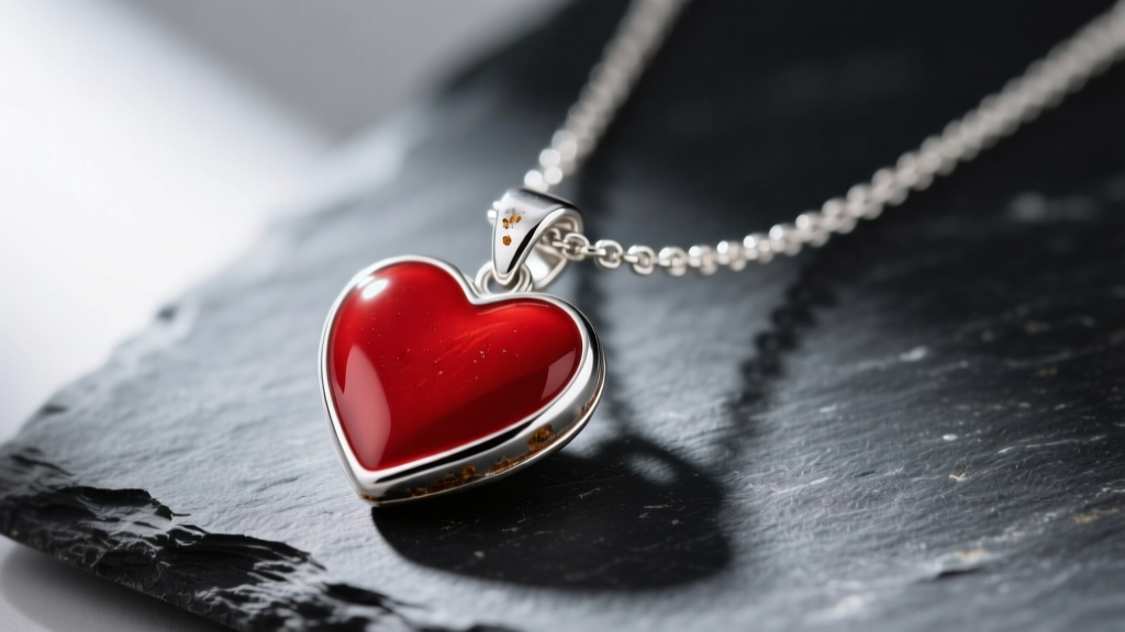 Close-up of a tarnished 925 sterling silver necklace featuring a red enamel heart pendant resting on a dark slate surface.