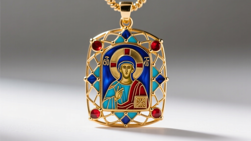 Macro view of a cloisonne enamel orthodox icon pendant showing fine gold wirework and bright blue and red glass enamel inlay detail