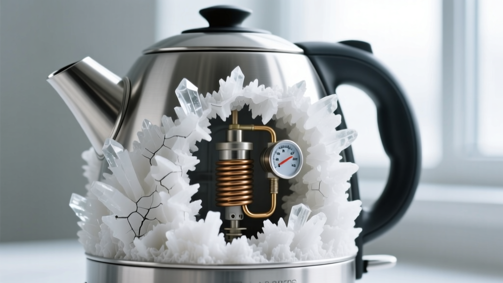 Macro view of heavy white calcium scale buildup coating the hidden heating element and temperature sensor inside an electric kettle