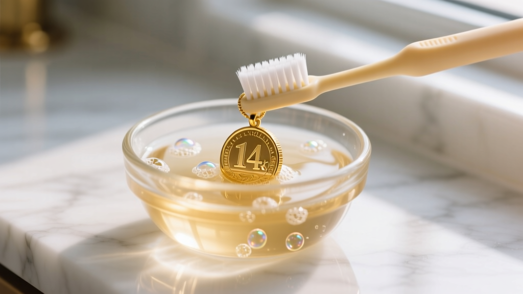 A soft-bristled baby toothbrush gently scrubbing a delicate 14k gold coin pendant in a small glass bowl of warm soapy water