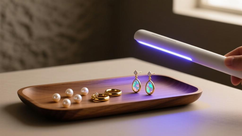 Wooden tray displaying pearl studs, gold huggies, and opal dangles, illuminated by a soft UV sanitizing wand in a dimly lit room.