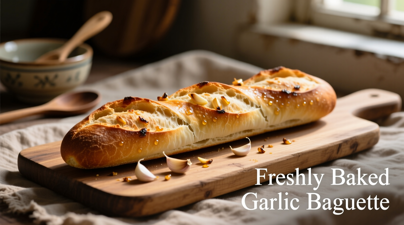 Freshly prepared garlic baguette with visible garlic pieces