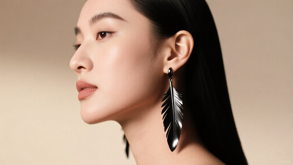Side view of a woman wearing slim black titanium feather drop earrings, elongating a round face against a soft neutral background