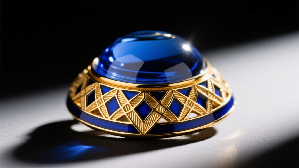 Macro shot of Art Deco gold guilloche enamel brooch with translucent blue glass over engine-turned patterns, softly lit on velvet