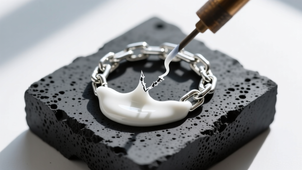 Overhead view of a charcoal soldering block holding a broken silver chain, coated in white flux paste, ready for torch heating.