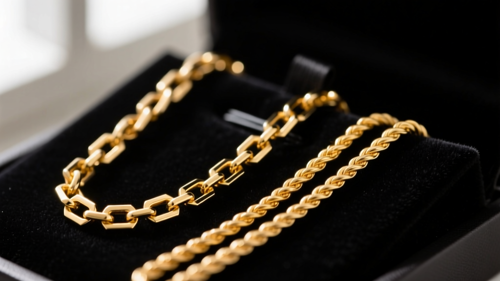 Macro photography comparing a 1.2mm 14k gold box chain and a 1.5mm rope chain on a dark velvet jewelry display pad.