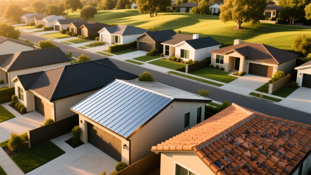 Aerial view of homes showcasing architectural asphalt shingles, standing seam metal, and terracotta clay tiles under bright sunlight.