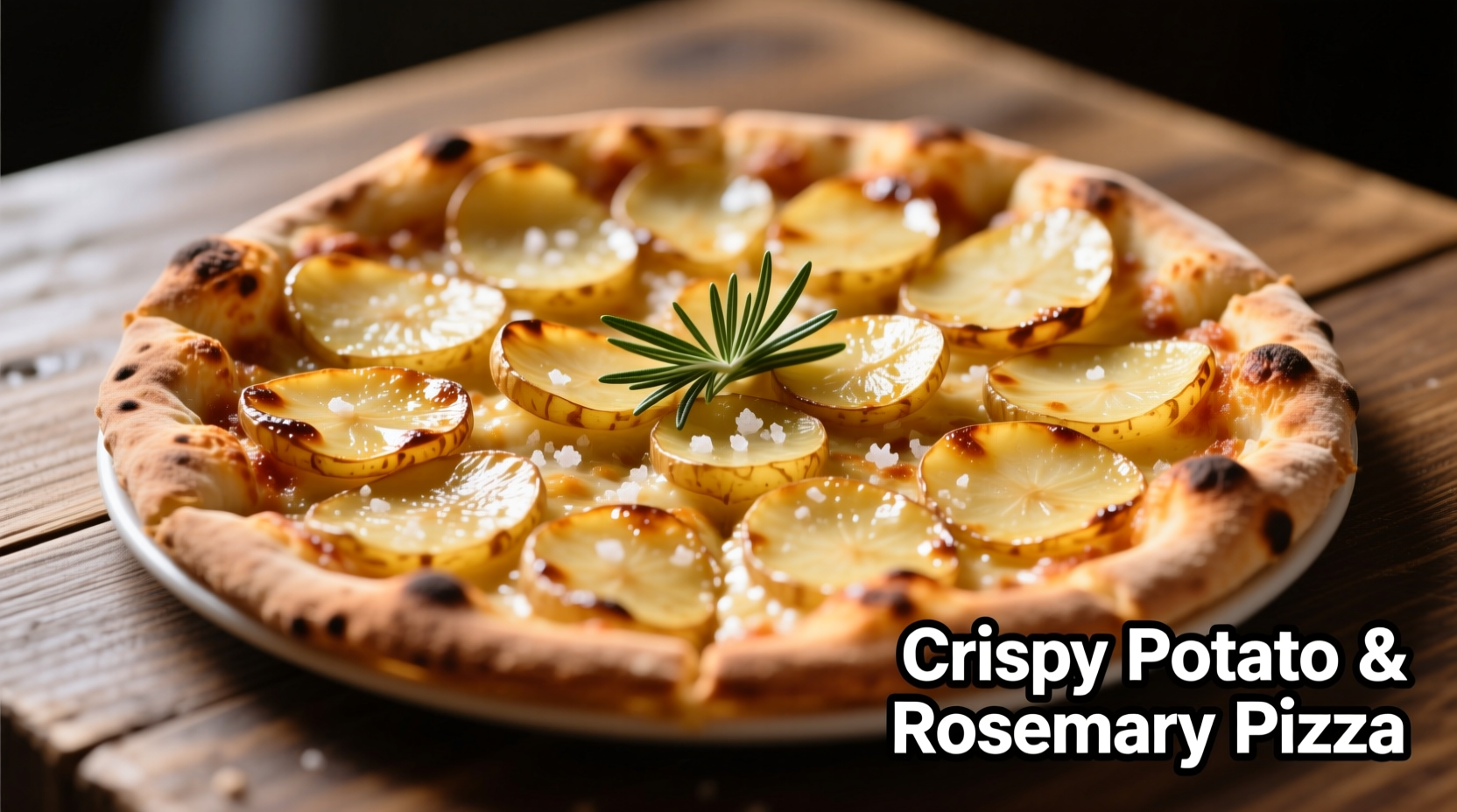 Golden potato slices arranged on crispy pizza crust