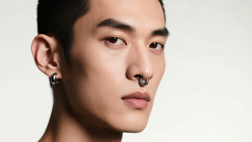 A man wearing an 18-gauge titanium labret stud in his left ear lobe, soft studio lighting, modern fashion editorial photography.