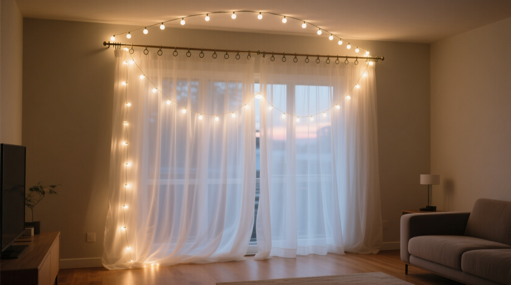 how to hang sheer curtains behind string lights for soft glow effect