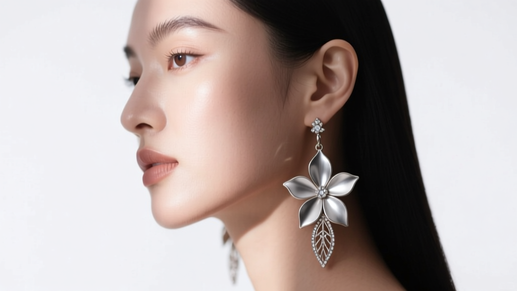 Side profile of a model wearing long, lightweight titanium dangle flower earrings that graze the jawline, studio lighting.